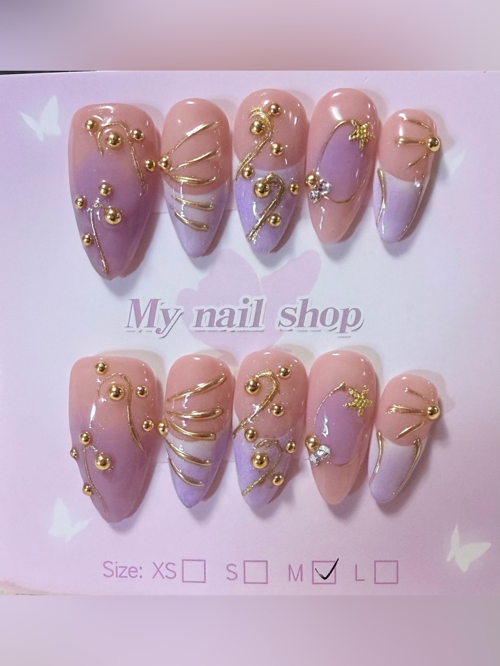Pink & Lavender Ombre Press-On Nails with Gold Accents